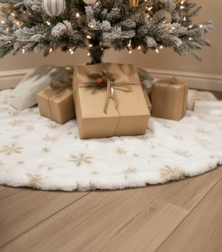 AOGU 60 Inch Sequin Faux Fur Christmas Tree Skirt Decoration for Merry Christmas Party White Plush Gold Sequin Snowflake Xmas Christmas Tree Skirt Decorations