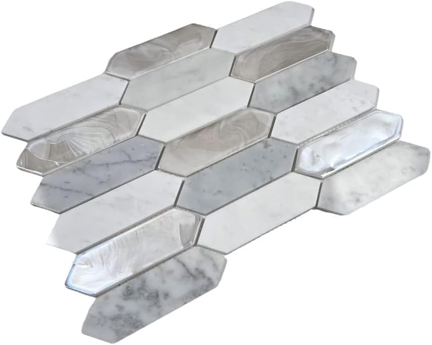 Tenedos Andalucia White Pearl Hex Picket Mosaic Tile – Iridescent Glass, Stone & Marble Blend for Shower, Backsplash, Bathroom & Accent Walls (1 Sheet) - style: 1 Sheet