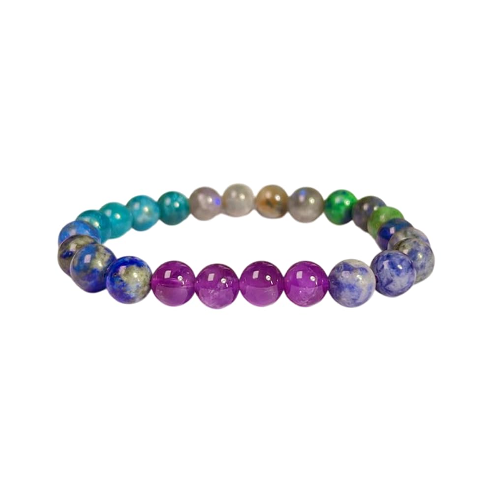 Crystal Treasure Third Eye Chakra Crystals Sodalite,Amethyst,Himalayan Quartz,Azurite Malachite,Rhyolite,Blue Aventurine Stone Round Beaded Stretchable Bracelet