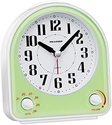 Peakeep Analog Alarm Clock Non-Ticking Silent, 7 Wake-up Sounds | with Volume Control, Nightlight and Snooze, AA Battery Operated (Green)