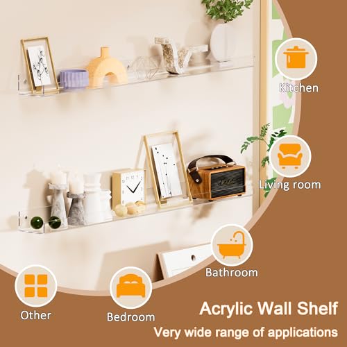 36'' Clear Acrylic Wall Long Shelf 2 Pack, Acrylic Floating Book Shelves, Wall Mounting Invisible Ledge Book Shelf - color: Clear, size: 36 Inch