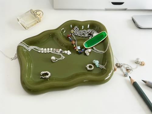 Green Ceramic Jewelry Tray Dish Large-sized Display Organizer Trinket Watch Keys, Dressing Table Decor Aesthetic Dish Holder for Mother's Day/Christmas/Thanksgiving/Birthday Gift