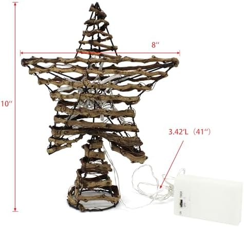 CVHOMEDECO. Rustic Rattan Christmas Tree Star Topper with LED Lights, Farmhouse Christmas Tree Toppers Decoration, 8 x 10 Inch