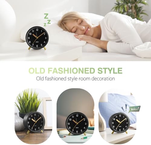 Analog Alarm Clock, Silent Non-Ticking with Night Light, Fashionable Round Metal Alarm Clock for Office, Battery Operated, Clock for Bedroom, Elderly, Adults, Children, Student Gifts