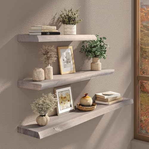 Live Edge Floating Shelf, 48 Inch Solid Elm Wood - Weathered Gray Rustic Wood Wall Shelf with Invisible Brackets for Living Room, Kitchen, Bathroom - color: Driftwood Gray, size: 48"L, 1-Pack