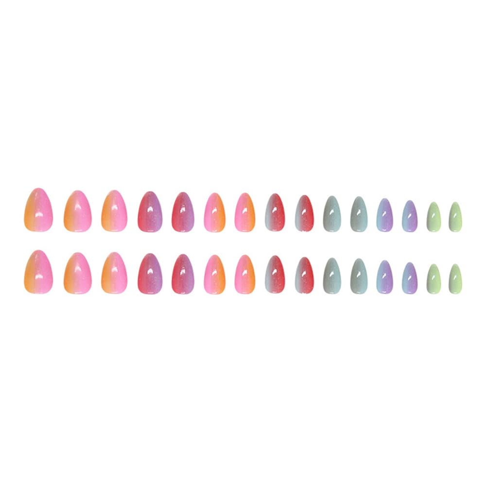 Almond Press on Nails Short Colorful Gradient Fake Nails Ombre Cat Eye False Nails Glossy Cute Dopamine Vitality Rainbow Glue on Nail Acrylic Nails Reusable Stick on Nail for Women Manicure 30Pcs