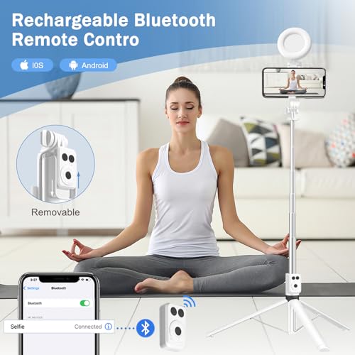 Selfie Stick Tripod with Fill Light, Phone Selfie Stick,Durable Stainless Steel Design,Bluetooth Remote Control,and Stable Three-Legged Support for Live Broadcasts,Video Shooting (White) - color: White