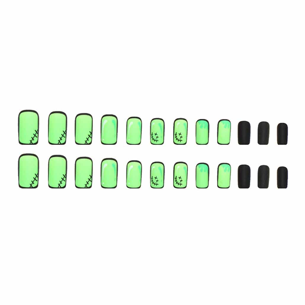 Foccna Comic Press on Nails Medium, Acrylic Fake Nails Square Cartoon False Nails Green,Artificial Nails for Women and Girls- 24 pcs