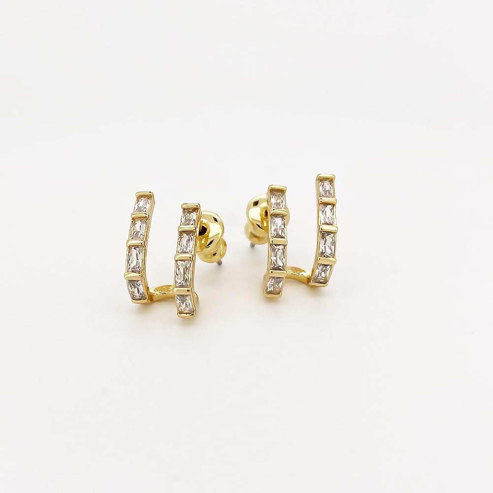 Obidos Double Faux Diamond Baguette Illusion Mini Huggie Earrings | 14K Gold Plated Huggie Small Hoop Earrings for Women | Boho Simple Hypoallergenic Earrings