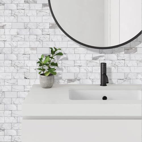 Vamos Tile 100-Piece Glossy Statury White Peel and Stick Backsplash Tile,3''x6'' PVC Subway Tile with Dark Gray Grout, Stick on Backsplash for Kitchen/Bathroom/Fireplace - color: Statury White with Dark Gray Grout