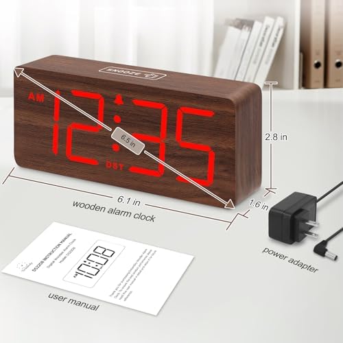 DreamSky Wooden Digital Alarm Clock for Bedroom with Large Numbers | Desk Clocks for Living Room, Office, Dimmer, Loud Alarm for Heavy Sleepers with Volume Control, DST, Wood Decor (Plug-in)