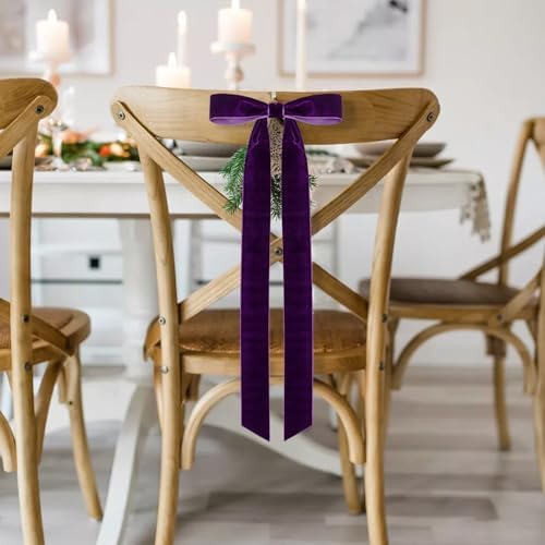 Velvet Bows for Christmas Tree Pack of 4 Large Rustic Crafts Gift Wreath Bow Ornaments for Xmas Topper Staircase Home Wedding Outdoor Interior Decor, 2" Width, 23 x 8.7 Inch (4, Purple)
