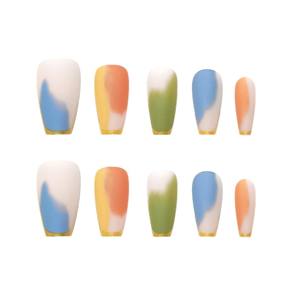 plalely Coffin Press on Nails Medium Gradient Fake Nail Golden Edge Acrylic Nail Press ons with Water Color Design Stick on Nail for Women 24pcs