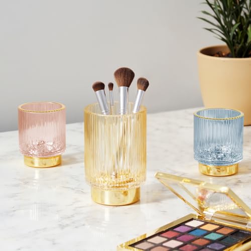 Makeup Brush holder Organizer, Crystal Glass Toothbrush Holders, Striped Make Up Brush Holder for Vanity, Pen Holder for Desk, Vase -Pink (S+L) - color: Pink