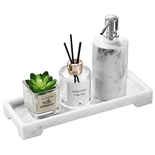 Luxspire Bathroom Vanity Tray, Resin Toilet Tank Tray, Kitchen Trays, 11" x 4" Rectangle Bathroom Tray for Counter, Marble Tray for Soap Dispenser Perfume Jewelry, Small, White Marble - color: B - White Marble, style: Small