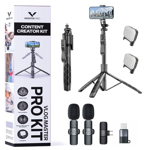 Vlogging Kit for iPhone, YouTube TikTok Podcast Video Recording Starter Kit for Content Creators, Equipment: Full Size Tripod, Phone Stabilizer, Shotgun Microphones & LED Lights