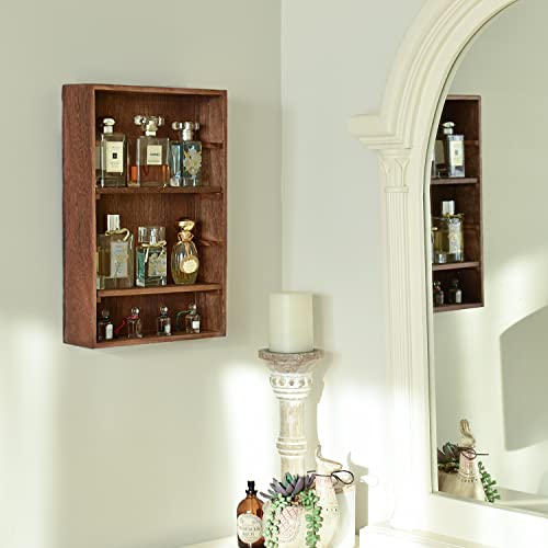 Ikee Design Wooden Wall-Mounted Display Shelves Rack for Collectibles-Figures,Shot Glasses,Spice Can,Cosmetics or Perfume-5 Adjustable Height Shelves,Space-Saving- Brown Color - color: Brown, 5 Shelves