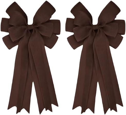 Meseey Double Pack 20X10 Inch Oversized Brown Burlap Bows Farmhouse Christmas Tree Topper & All-Weather Wreaths Decor, Heavy Duty Gift Wrapping Accents for Front Door/Cabinet (Brown)