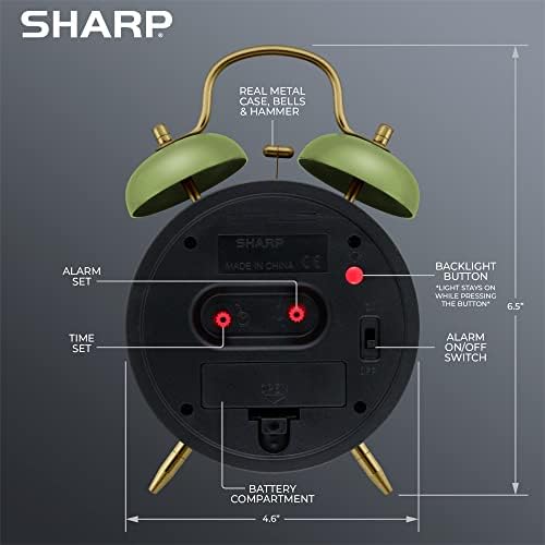 Sharp Twin Bell Alarm Clock for Heavy Sleepers, 4-Inch, Matte Sage