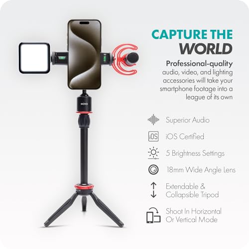 Movo iVlog1-IP Vlogging Kit for iPhone 15/16/17 and up - USB-C Compatible YouTube Starter Kit - with Shotgun Microphone, Mini Tripod, LED Light, Wide-Angle Lens, USB C Adapter, VXR10-PRO - size: USB-C
