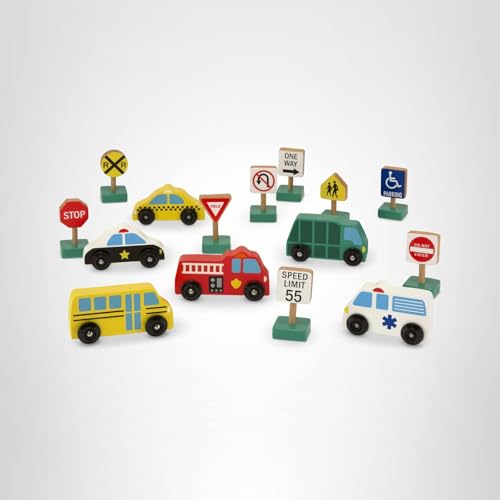 Melissa & Doug Wooden Vehicles and Traffic Signs with 6 Cars and 9 Signs