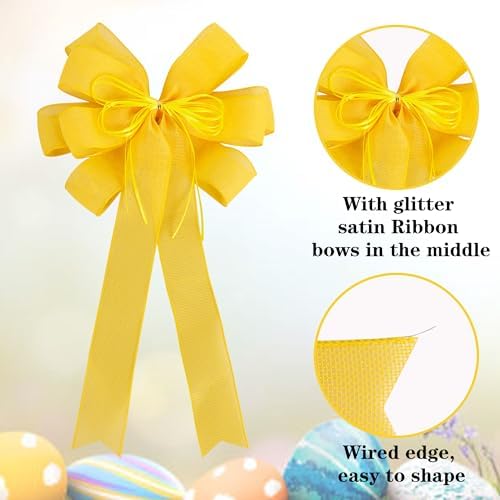 2 Pack Yellow Christmas Tree Bows 12x20inch Large Burlap Wreath Bow with Glitter String for Fall Thanksgiving Tree Topper,Home Front Door Decor,Easter Bow,Valentines and Party Decor