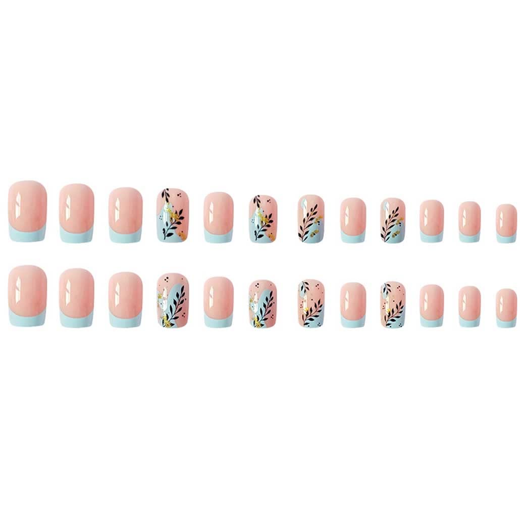 Foccna 24pcs Pink Fake Nails Square French Tip Press on Nails Medium Glossy Blue False Nail Tips Artificial Finger Manicure for Women
