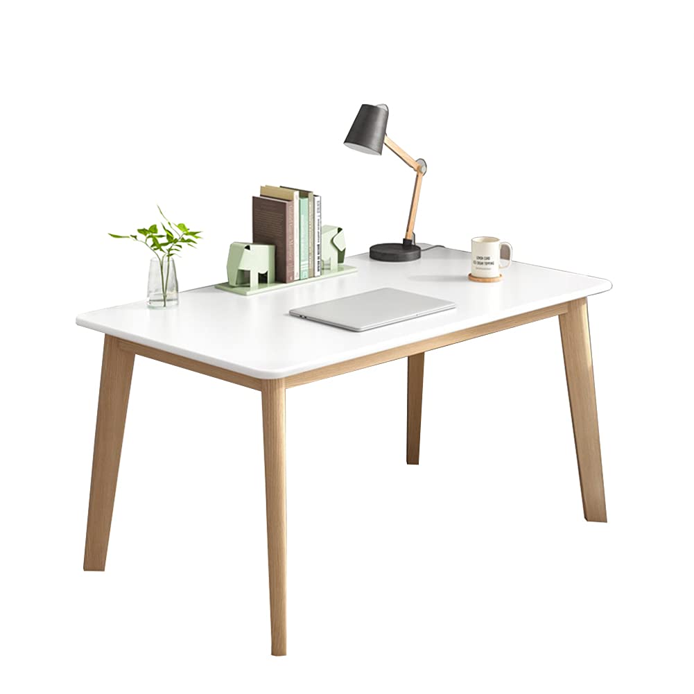 IOTXY Simple Wooden Writing Desk - Modern Minimalist Style PC Laptop Computer Workbench with Solid Wood Legs, 39" W Home Office Work Table for TV Stand Music Video Live Broadcast Workstation, White
