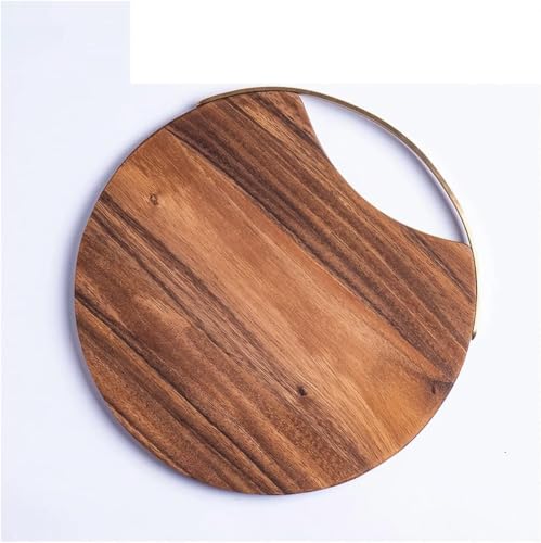 Round Wooden Cutting Board with Handle, Retro Style Pizza, Sushi, Bread Serving Tray, Kitchen Photography Prop 26.5cm