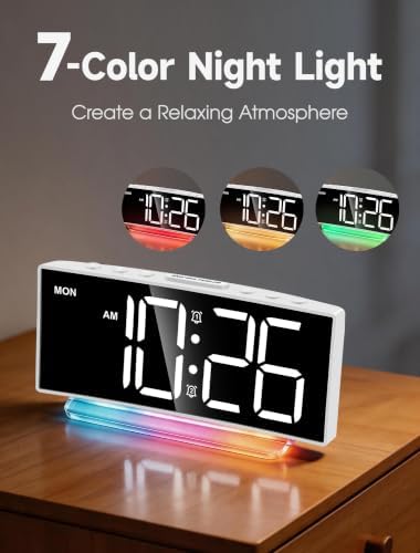 Cadmos Loud Alarm Clocks for Heavy Sleepers,Adults,Kids,Teens,Large Digital Display,7 Color Night Light,Adjustable Volume,Battery Backup,Small Bedside Clocks for Bedrooms (White+Dynamic)