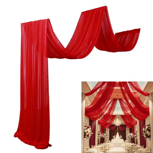 DUOBAO Chiffon Ceiling Drapes 20ft Red Wedding Backdrops Sheer Backdrop Curtains for Reception Wedding Ceremony Dark Red Sheer Arch Drapes Fabric Event Party Supplies 6 Panels 5×20ft - color: Red, size: 60"W x 240"L (Pack of 6)