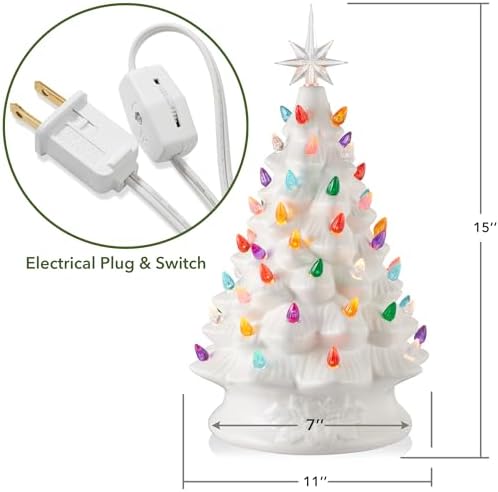 Casafield Hand Painted Ceramic Christmas Tree, White 15-Inch Pre-Lit Tree with 128 Multi Color Lights and 2 Star Toppers