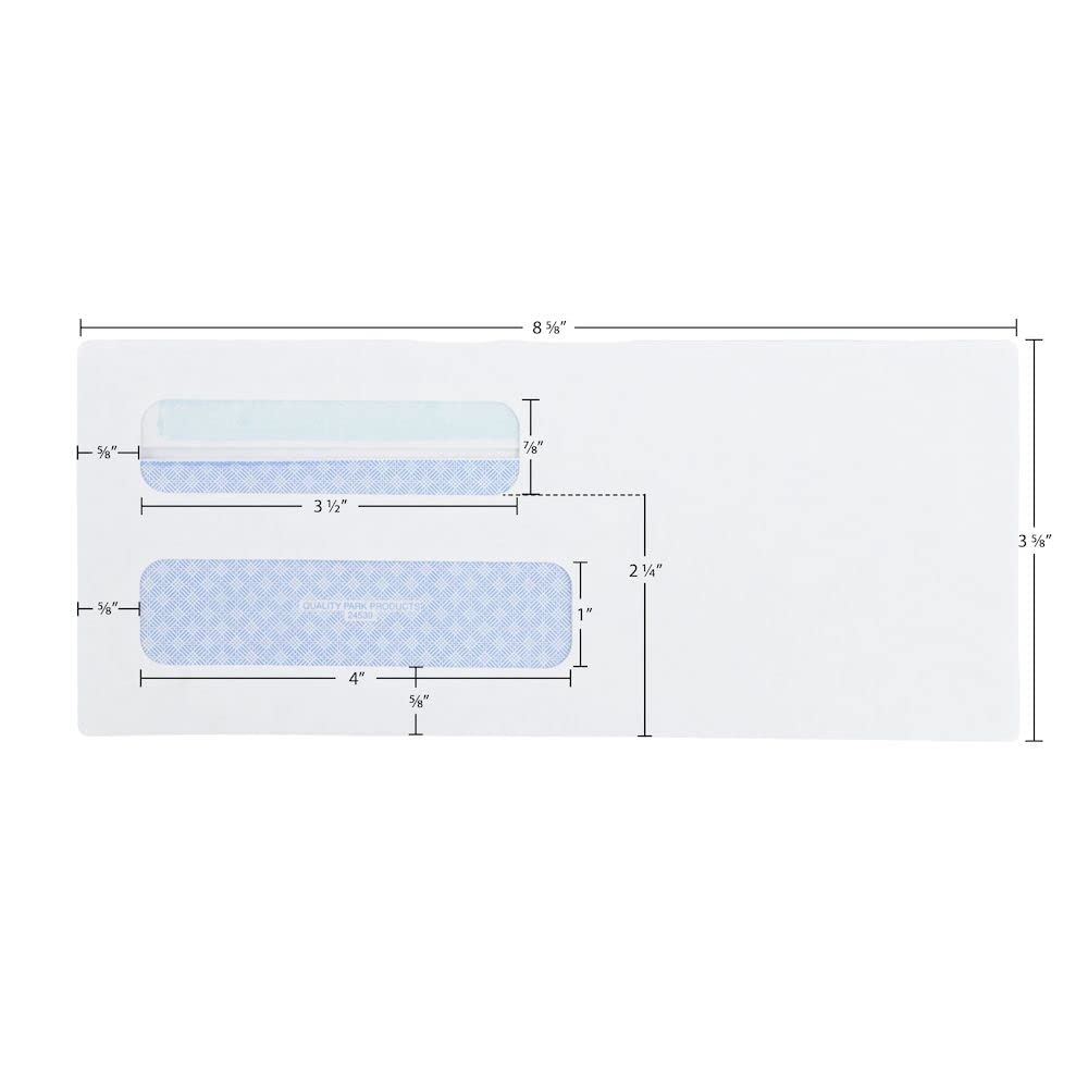 Quality Park #8 5/8 Security Envelopes, Double Window, Self Seal Envelopes for Invoices/Statements, 3-5/8" x 8-5/8", 24 lb White, 500/Box (QUA24539)