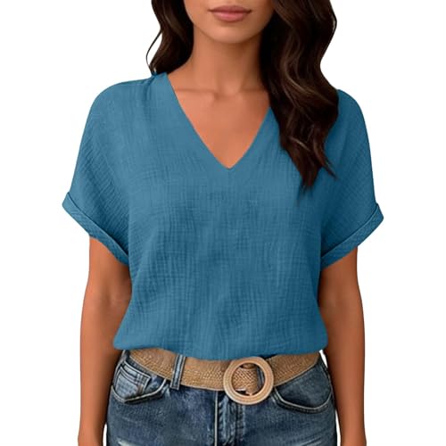 Womens Shirts Cotton Linen v Neck Short Sleeve Blouses Casual Loose Fit Textured Summer Pullovers Daily Wear - color: A04-navy, size: Large