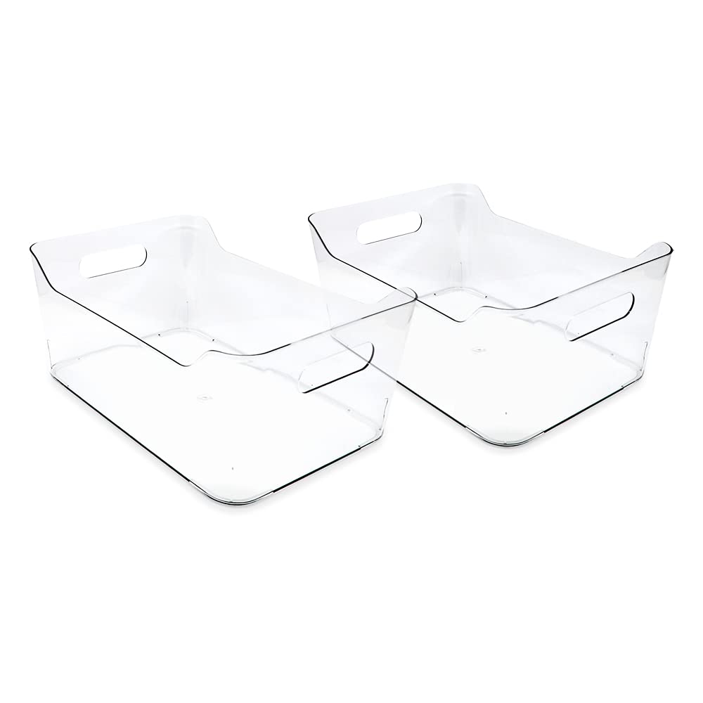 Isaac Jacobs 2-Pack Large Clear Storage Bins (13.5” x 10” x 6”) w/Handles, Plastic Box Set, Home, Office, Fridge, Freezer, Kitchen, Pantry Organization Container, BPA-Free/Food Safe (Large, 2 Pack)