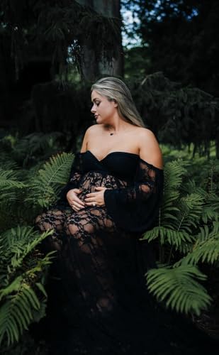Saslax Soft Stretchy Lace Off Shoulder Doubly Split A-line Skirt Maternity Dress Pregnancy Maxi Gown for Photoshoot - color: Black, size: Medium