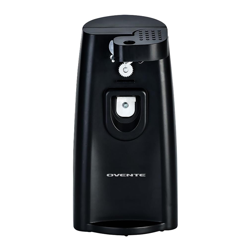 OVENTE 3-in-1 Electric Can Opener, Bottle Opener and Knife Sharpener with Stainless Steel Blade and Easy to Use One-Touch Button, 70W Automatic Multifunctional Kitchen Countertop Tool, Black CAN33B
