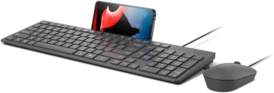 Lenovo 310 USB-A Wired Keyboard Mouse Combo, Quiet Keys, Ultra-Slim Gaming Design, Spill-Resistant, Integrated Phone Stand, Compatible w Laptop, PC, Tablet – Ergonomic Mouse Mechanical Keyboard USB