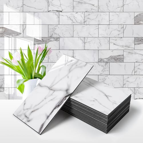 Vamos Tile 100-Piece Glossy Statury White Peel and Stick Backsplash Tile,3''x6'' PVC Subway Tile with Dark Gray Grout, Stick on Backsplash for Kitchen/Bathroom/Fireplace - color: Statury White with Dark Gray Grout