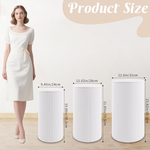 Metal Pleated Cylinder Pedestal Stands for Party, 3 Pieces Heavy Duty Round Cake Pedestal Stand Display Plinth Pillars Art Decor for Wedding Ceremony Birthday Party（Small, White） - size: L:23.82"x12.6", M:21.85"x11.02", S:19.88"x9.45"
