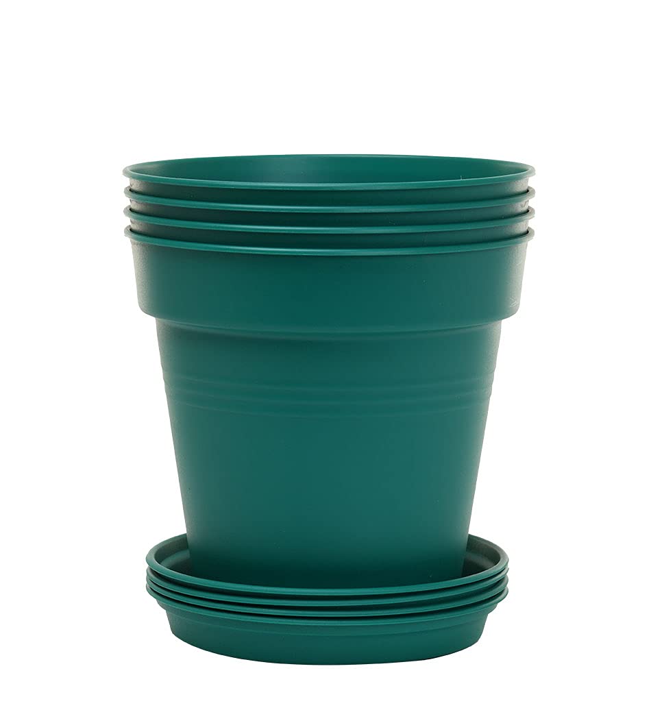 Mintra Garden Pots, 4 Pack Bulk Plastic Plant Pots with Drainage Tray, Round Indoor & Outdoor Decorative Planters with Drain Holes for Flowers, Herbs & Plants, 17cm Diameter – Forest Green, 6.6 in