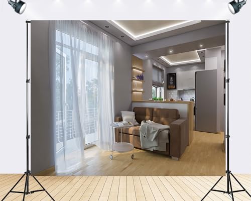 Trykid 20x10ft Minimalist Modern Apartment Backdrop Light Wood Floor Sheer White Curtain Bright Neutral Tone Photography Background Content Party Decoration Tapestry Photo Booth Prop Fabric - size: 20x10ft