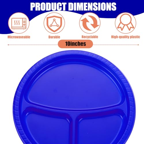 Umigy 100 Pcs 10 Inch 3 Compartments Divided Plastic Plates Bulk Colorful Disposable Heavy Duty Round Dinnerware for Party Valentine Wedding Birthday(Blue) - color: Blue