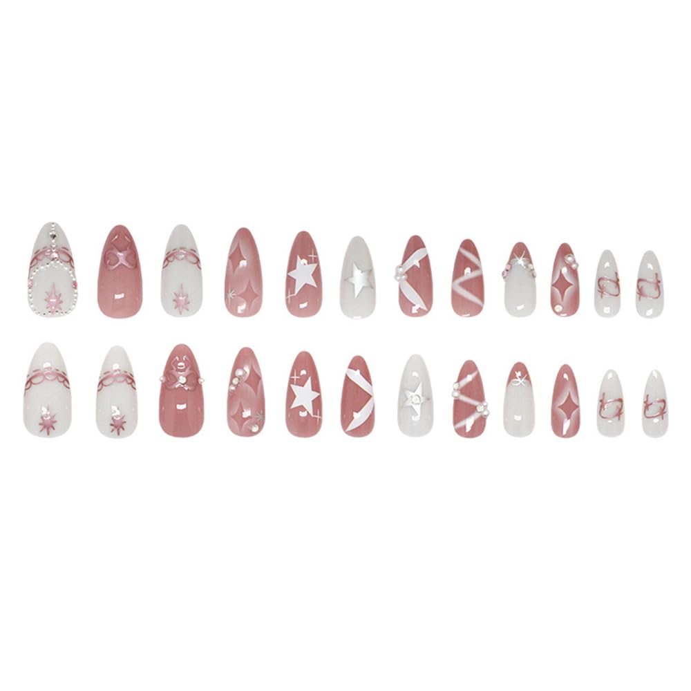 24 Pcs Pink White Press on Nails Short Almond,MINGCHUN Fall Fake Nails Press ons Acrylic Nail Art Tips Kit Full Cover False Nails Glue on Nails with Rhinestone Bow Starburst Glitter Design for Women