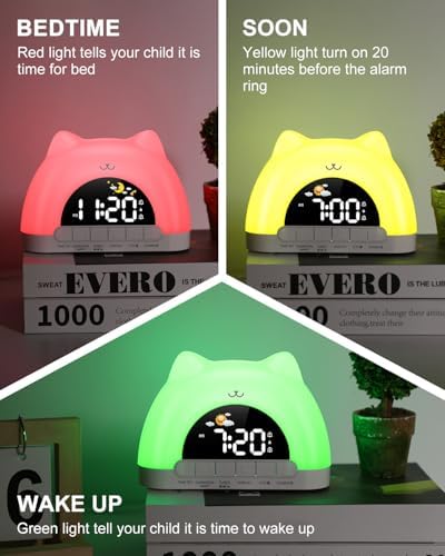 Kids Alarm Clock, Wake Up Clock with 11 Colors Night Light, Toddlers Sleep Training Clocks with 10 Ringtones, Brightness Adjustment, Dual Alarms Plug in OK to Wake Clocks for Girls Boys