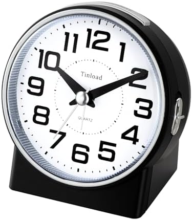 Tinload 4.3" No Ticking Analog Alarm Clock,Silent Readable for Seniors,Easy to Set,Gradual Rise Alarm,Big Numbers,On/Off Switch on Side,Gentle Wake,Snooze,Lighted on Demand,Battery Operated,Black