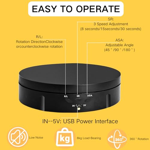 JAYEGT Motorized Rotating Display Stand, 5.74inch /22lbs Load, 360 Degree Electronic Turntable Display Stand for Photography Products Shows , Jewelry, Watch, 3D Models, Cake (Black/Button Control/rechargeable) - color: Black