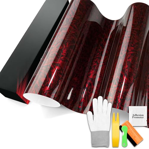 PET Marble Forged Carbon Fiber Textured Gloss Red Vinyl Wrap Auto Car Sticker Decal Film Sheet Bubble Free Air Release Technology with Tool Set 2FTx5FT - size: 2FT x 5FT