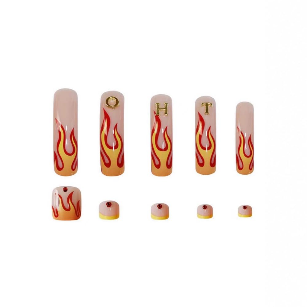 48Pcs Curved Press on Nails Orange Red Flame Press on Toenails Long Fake Nails with 5D Letters Charm Design Glossy Rhinestones Fake Toenails Glossy Full Cover Nails Press on Set for Women Manicure