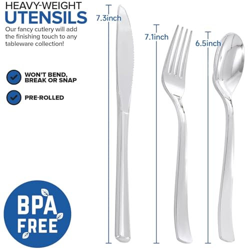 200Guests Pre Rolled Silver Plastic Silverware Sets - Heavy Duty Silver Cutlery - Include 200 Pack Wrapped Disposable Utensils with Napkins for Parties & Dinners & Weddings - color: 200Pack - Silver